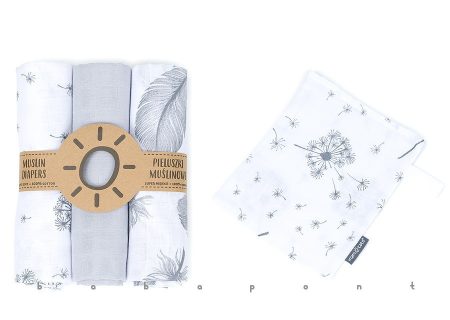 Muszlin textilpelenka 3 db + mosdókesztyű MAMO-TATO Fehér és szürke, tollak és virágok