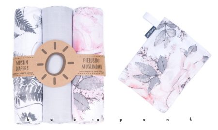 Muszlin textilpelenka 3 db + mosdókesztyű MAMO-TATO Szürke Fehér Pink levelek